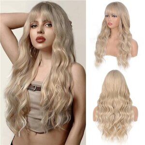 Ash Blonde Wig with Bangs for Women Long Blonde Wavy Curly Wigs Heat Resistant